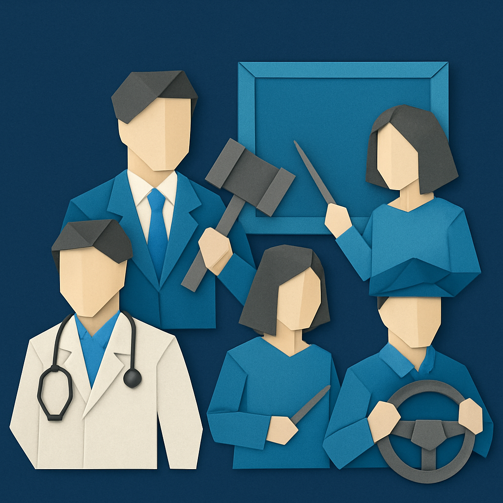 Create an origamistyle image depicting working professionals who require licenses doctors lawyers teachers drivers etc with a dark blue background   u-1