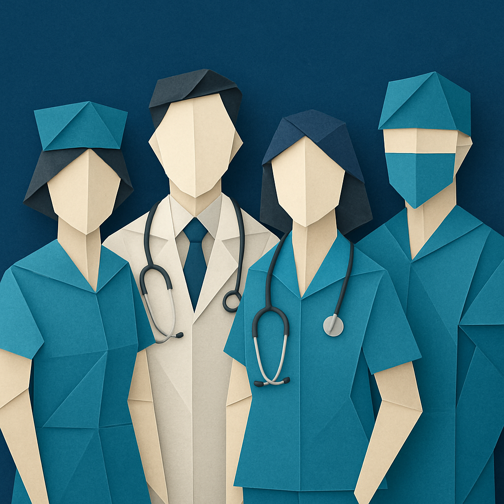 Create an origamistyle image of healthcare professionals with a dark blue background using only these colors  Blues 0367A6 048ABF 049DBF 073763 Grays-1