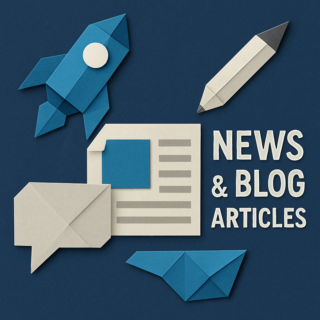 Create an origamistyle image with a dark blue background for  News  blog articles using only these colors  Blues 0367A6 048ABF 049DBF 073763 Grays 575-1
