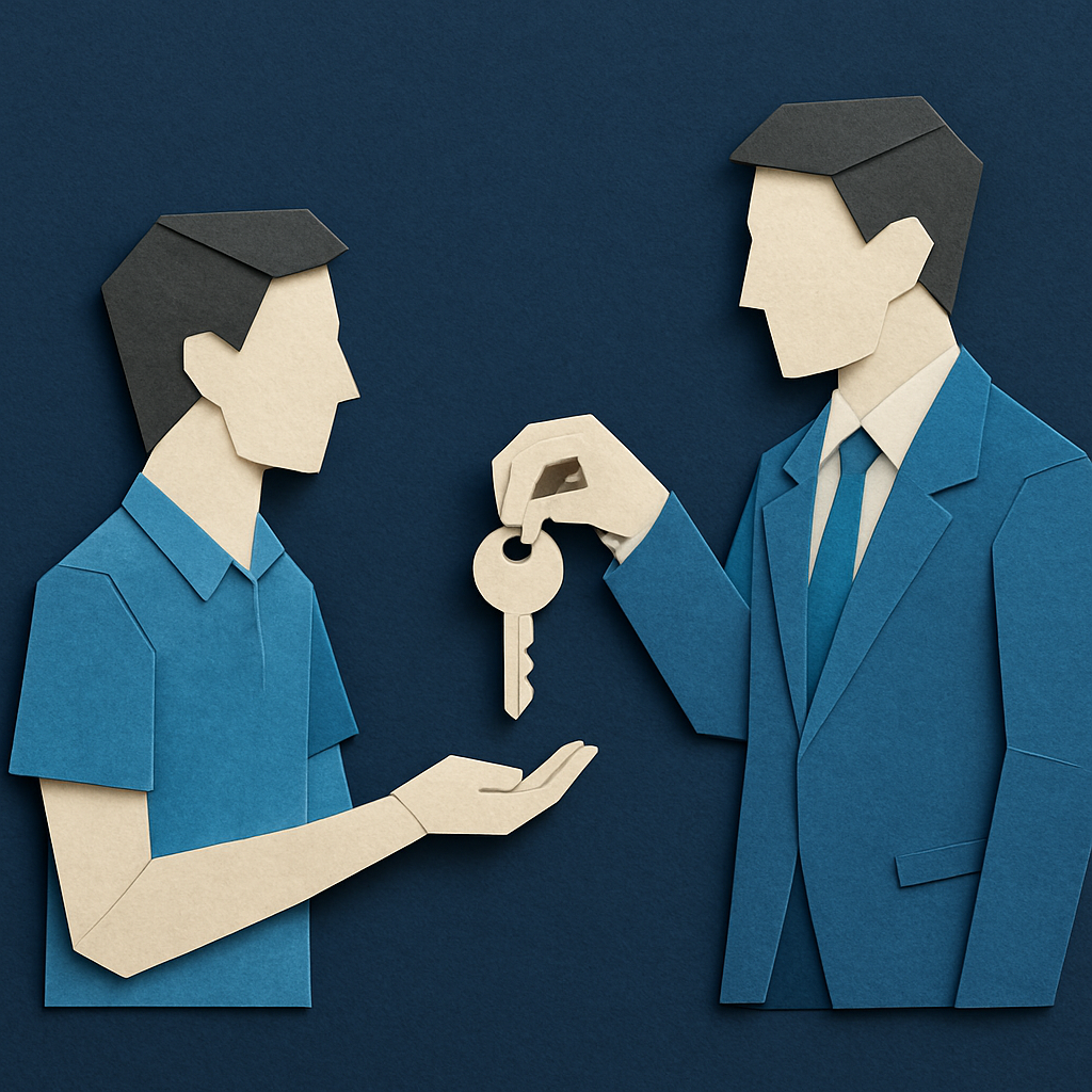 Create an origamistyle image with a dark blue background representing a renter getting keys from a property manager using only these colors  Blues 036-1