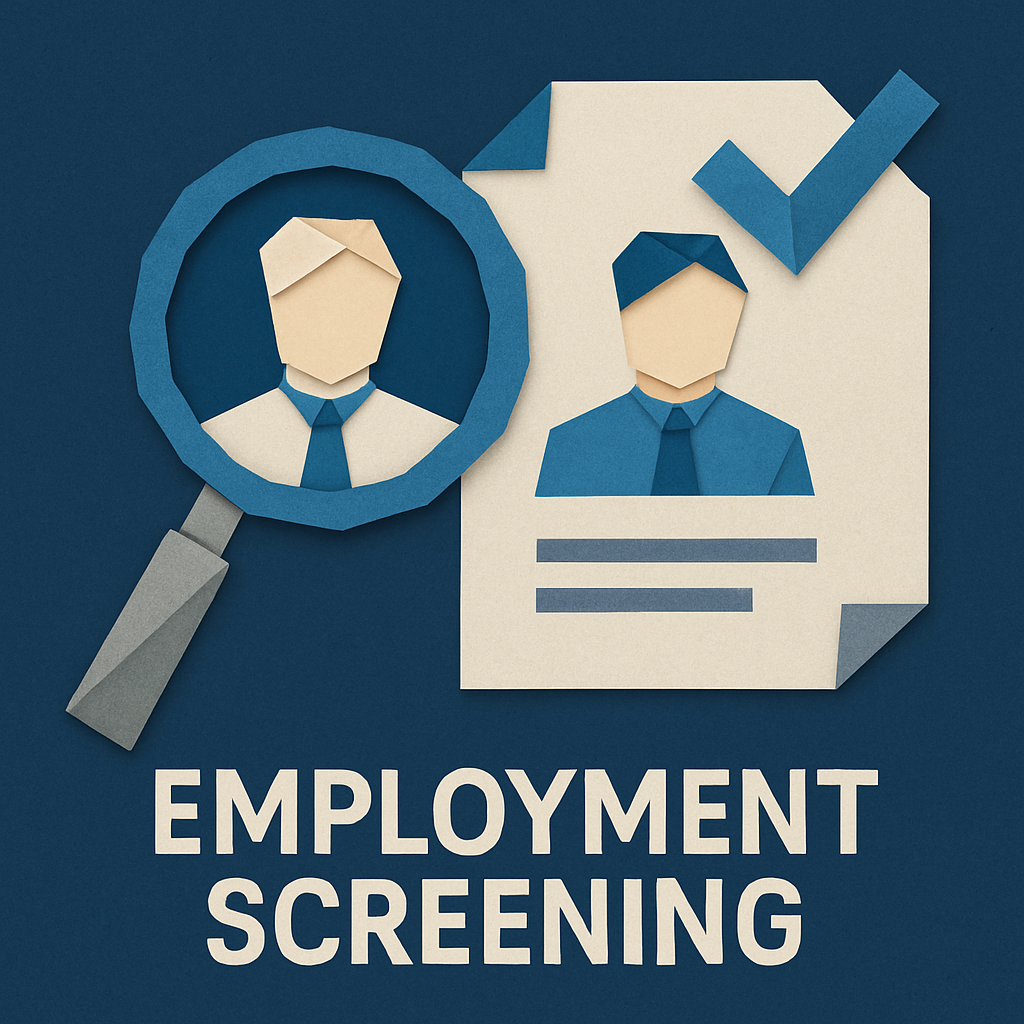 Create an origamistyle image with a dark blue background that depicts Employment Screening using only these colors  Blues 0367A6 048ABF 049DBF 073763-1