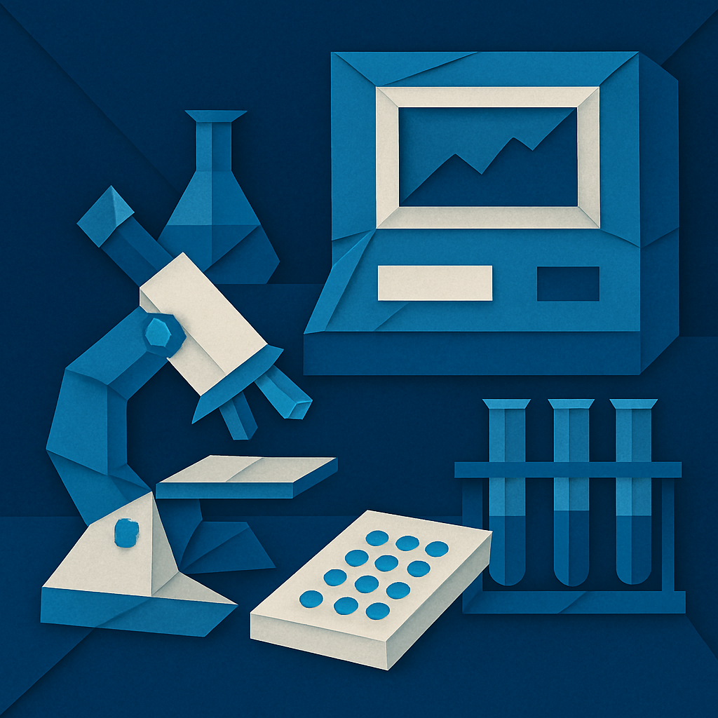 origami A darker background I blue hues in origami style image that depicts a lab with drug screening equipment Use only these colors Blues  0367A6 04
