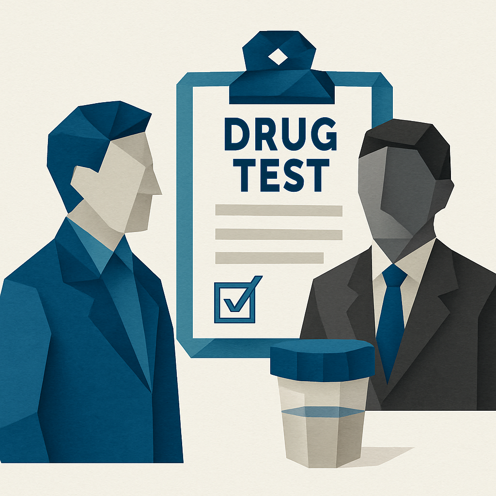 An image depicting random or reasonable suspicion drug testing  Origamistyle image with a light background using only these colors  Blues 0367A6 048AB