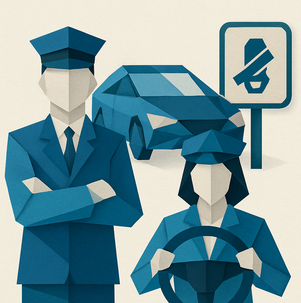 An image that depicts safe driving professionals Use these colors in origami style image Blues  0367A6 048ABF 049DBF 073763Gray 575859 F2F2F2Cream efe-1