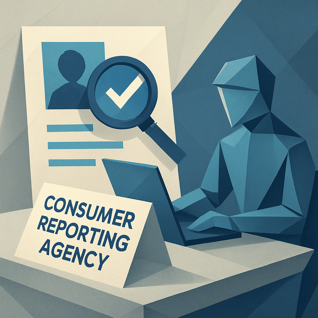 An origami style image depicting a Consumer Reporting Agency or CRA doing background checks  Use only these colors Blues  0367A6 048ABF 049DBF 073763G-1