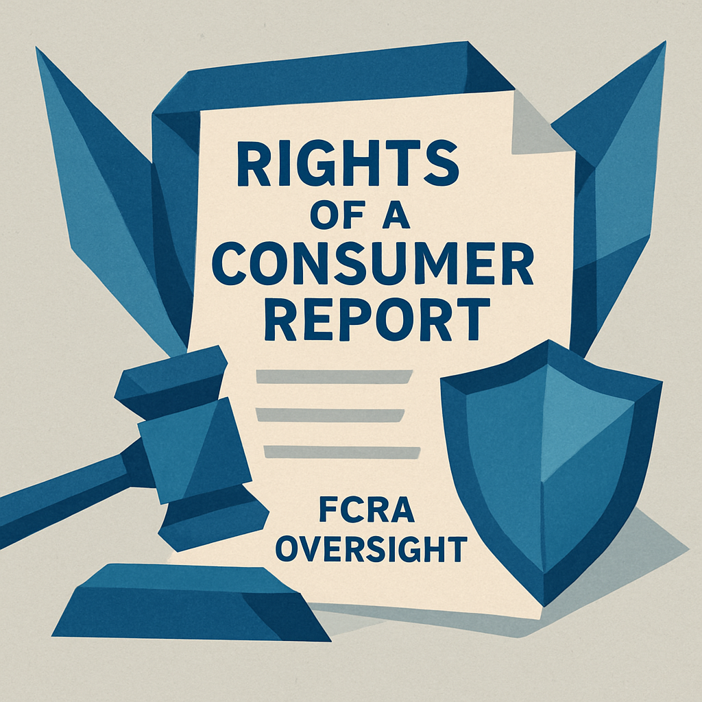 An origami style image depicting a rights of a consumer report under FCRA oversight Use only these colors Blues  0367A6 048ABF 049DBF 073763Gray 57585