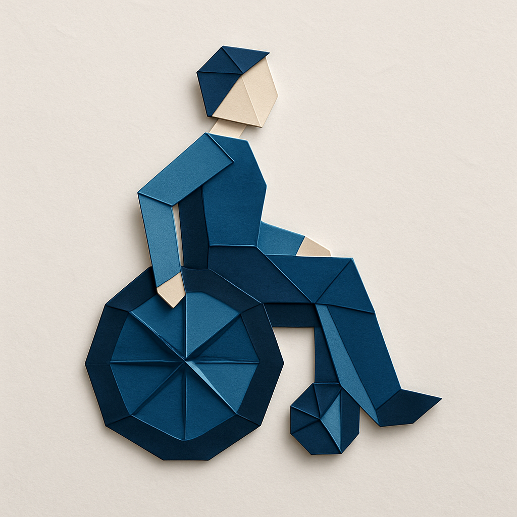 An origami style image depicting the ADA or someone with disabilities  Use only these colors Blues  0367A6 048ABF 049DBF 073763Gray 575859 F2F2F2Cream-1