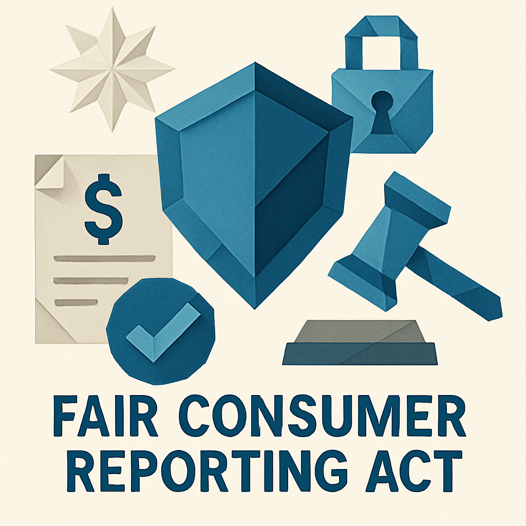 An origami style image depicting the protections offered by the Fair Consumer Reporting Act Use only colors Blues  0367A6 048ABF 049DBF 073763Gray 575