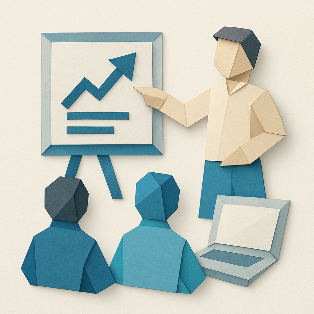 Create an origamistyle image depicting onboarding or training with a light background using only these colors  Blues 0367A6 048ABF 049DBF 073763 Grays-1