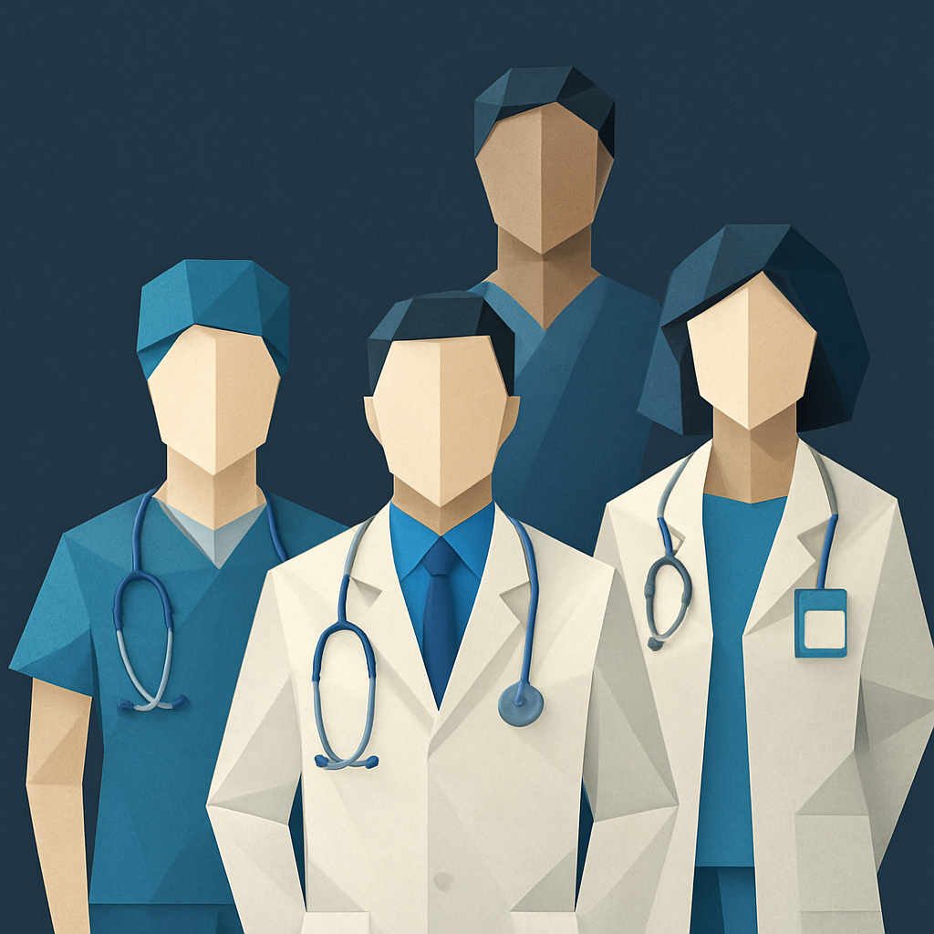 Create an origamistyle image of healthcare professionals with a dark blue background using only these colors  Blues 0367A6 048ABF 049DBF 073763 Grays