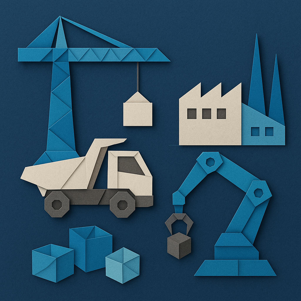 Create an origamistyle image with a dark blue background that depicts construction and manufacturing using only these colors  Blues 0367A6 048ABF 049D