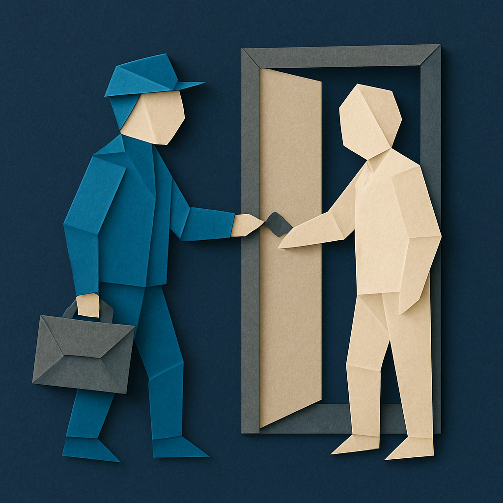 Create an origamistyle image with a dark blue background that depicts door to door sales using only these colors  Blues 0367A6 048ABF 049DBF 073763 Gr-1