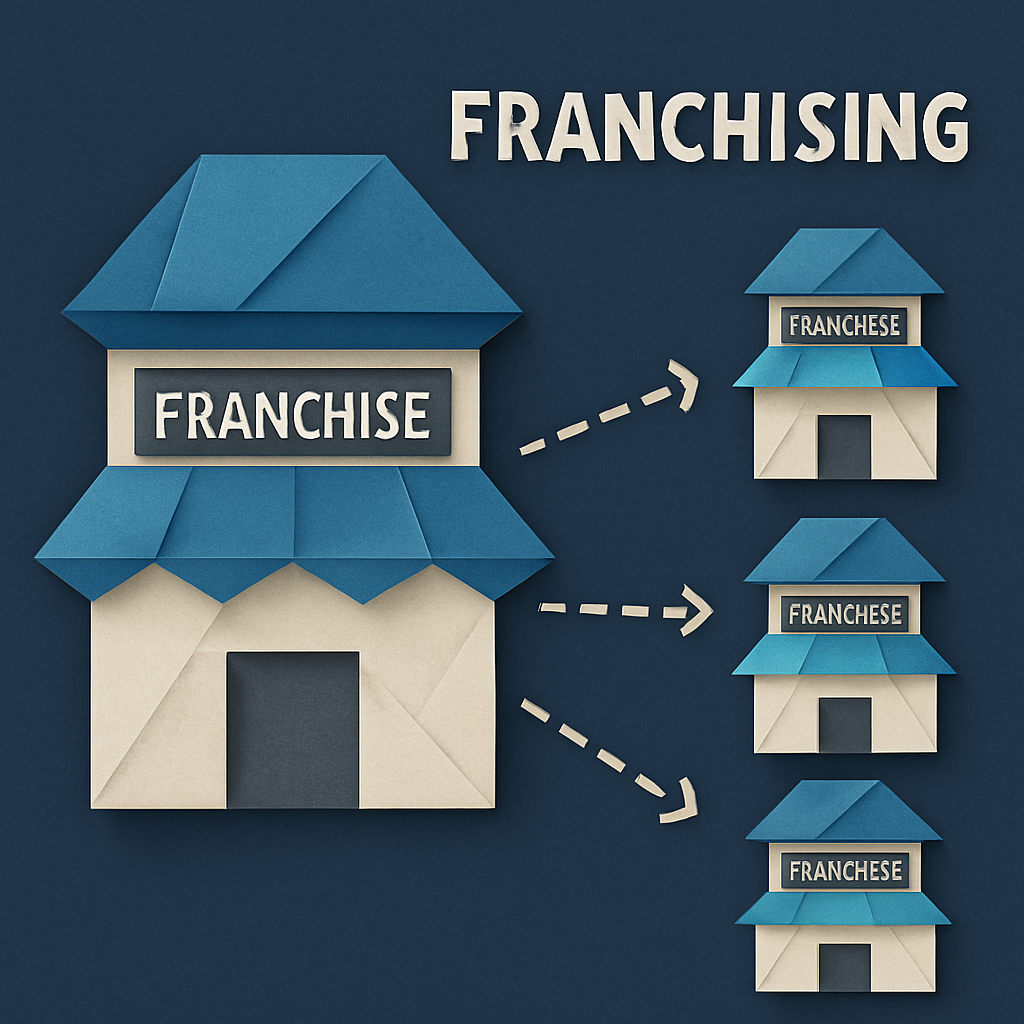 Create an origamistyle image with a dark blue background that depicts franchising using only these colors  Blues 0367A6 048ABF 049DBF 073763 Grays 575