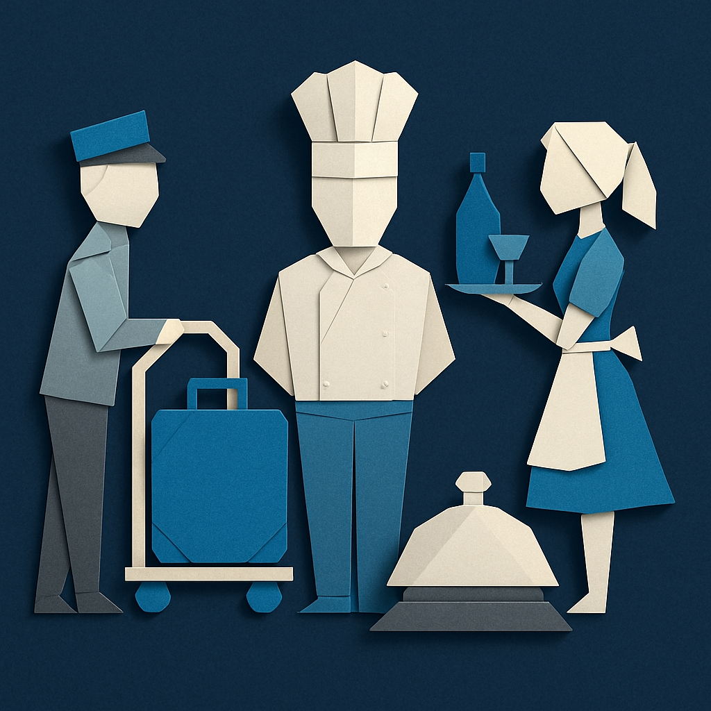 Create an origamistyle image with a dark blue background that depicts the hospitality industry using only these colors  Blues 0367A6 048ABF 049DBF 073-1