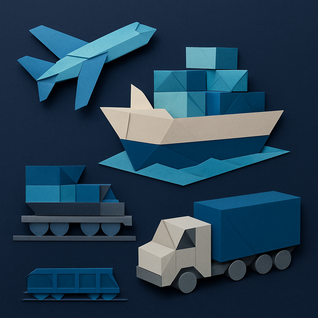 Create an origamistyle image with a dark blue background that depicts the transportation industry using only these colors  Blues 0367A6 048ABF 049DBF