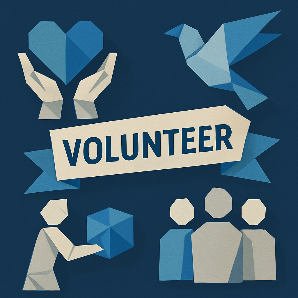 Create an origamistyle image with a dark blue background that depicts volunteer organizations using only these colors  Blues 0367A6 048ABF 049DBF 0737-1