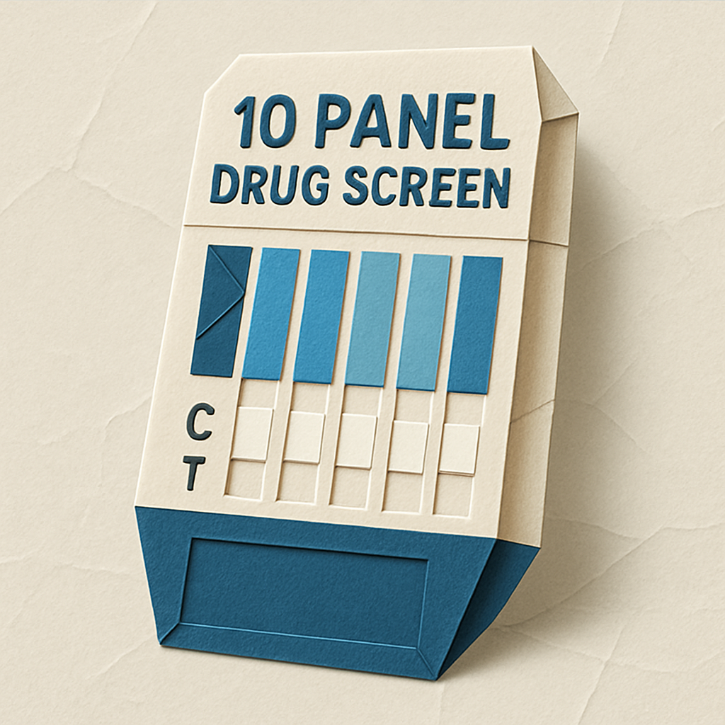 Create an origamistyle image with a light background depicting a 10panel drug screening test using only these colors  Blues 0367A6 048ABF 049DBF 07376-1