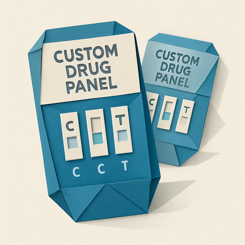 Create an origamistyle image with a light background depicting custom drug panels using only these colors  Blues 0367A6 048ABF 049DBF 073763 Grays 575-1