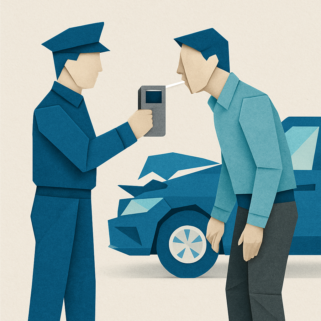 origami Create an origamistyle image that depicts post accident breathalyzer testing with a light background using only these colors  Blues 0367A6 048-1